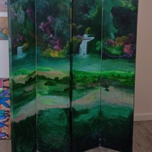 Screen divider, 4 panels 15.5"×72 1nches, hardboard on wood, paints 2 faces