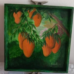 Deep Mangoes tree, Wooden Paint Tray - 20x20x2.5 inches by Ghandhi. With ,metal handle