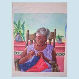 Catherine  Flon, sewing the Haitian 's Flag 10x11" inches, by Dukenson Pierre. Unframed
